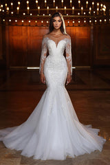 Chic Long White Mermaid Lace Beading Tulle Long Sleeves Wedding Dress