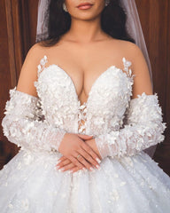 Chic Long White V-neck A-line Appliques Wedding Dress With Sleeves And Train