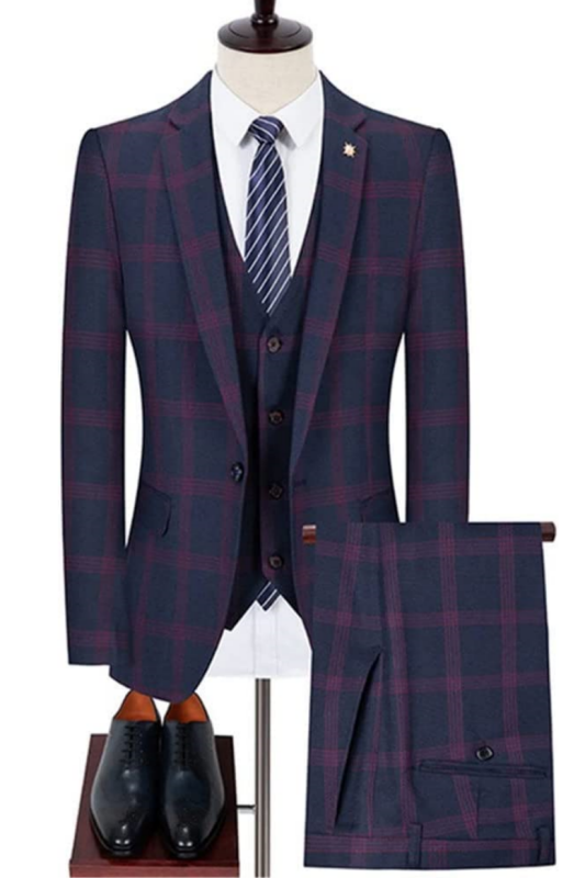 Chic Navy Blue Three-Piece Business Suit with Purple Plaid