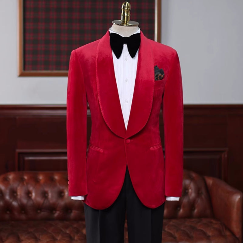 Chris Dashing Red Velvet Shawl Lapel Wedding Suit For Men