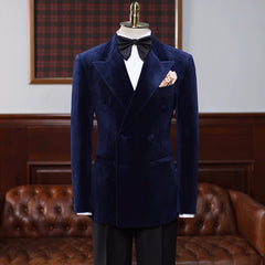 Christ Traditional Navy Blue Peaked Lapel Double Breasted Velvet Prom Attire