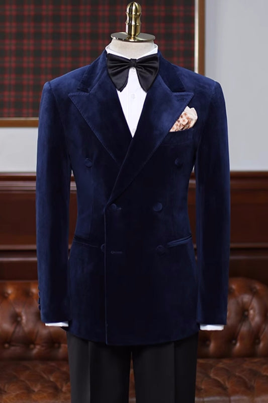 Christ Traditional Navy Blue Peaked Lapel Double Breasted Velvet Prom Attire