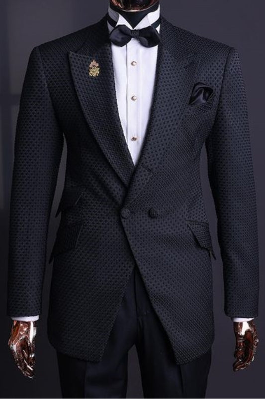 Christian Classic Black Double-Breasted Peaked Lapel Jacquard Prom Suit