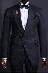 Christian Classic Black Double-Breasted Peaked Lapel Jacquard Prom Suit