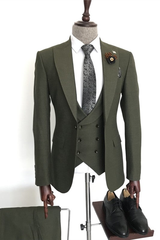 Christian Fancy Dark Green Peaked Lapel Men's Business Suit