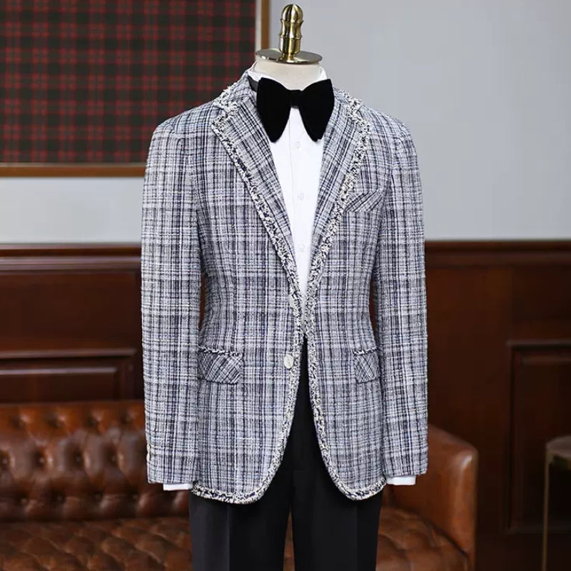 Christian Generous Gray Plaid Notched Lapel Men's Prom Suit