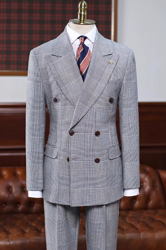 Christopher Refined Gray Checkered Peak Lapel Double-Breasted Business Suit