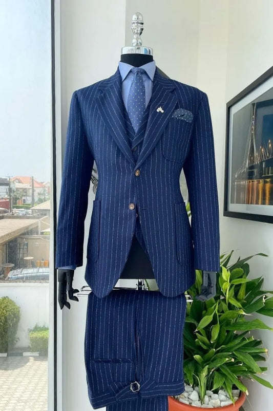 Clare Dark Blue Striped Notched Lapel Three-Piece Bespoke Business Suit