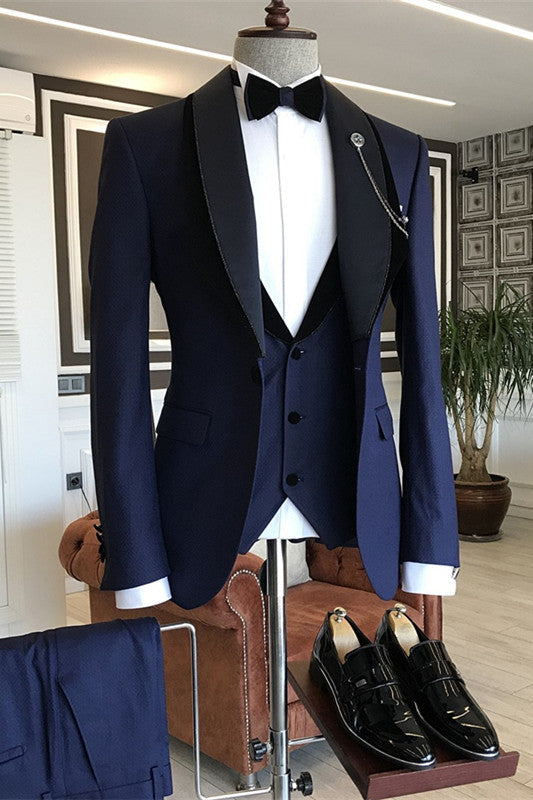 Clarence Navy Blue Shawl Collar Three-Piece Elegant Groom's Suit