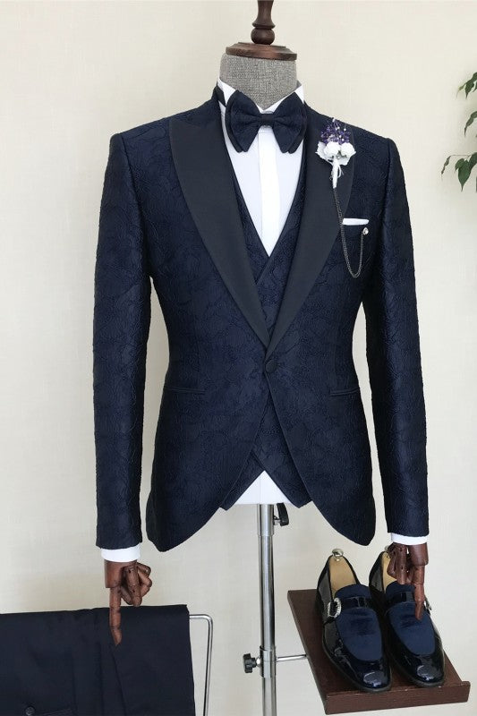 Clark Deluxe Navy Blue Jacquard Three-Piece Peaked Lapel Prom Suit For Men