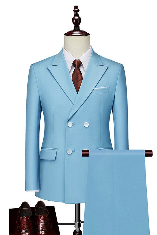 Classic Sky Blue Two-Piece Peaked Lapel Double Breasted Prom Suit For Men