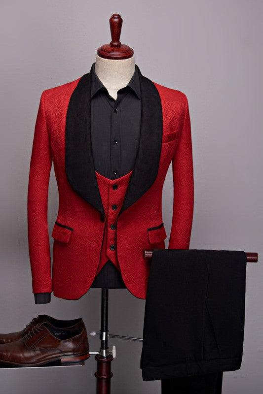 Classical Red Jacquard One-Button Three-Piece Wedding Ensemble With Black Shawl Collar