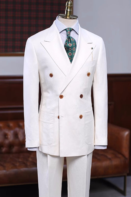 Claude Simple White Double-Breasted Peaked Lapel Prom Suit