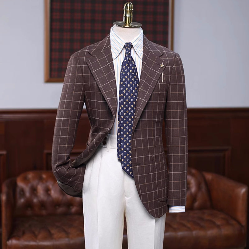 Clement Stylish Brown Plaid Notched Lapel Prom Suit