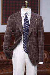 Clement Stylish Brown Plaid Notched Lapel Prom Suit