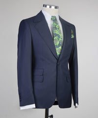 Clement Trendy Navy One-Button Three-Piece Peak Lapel Men’s Suit