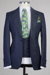 Clement Trendy Navy One-Button Three-Piece Peak Lapel Men’s Suit