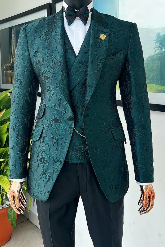 Cleveland Dark Green Jacquard Notched Lapel Three-Piece Luxury Prom Suit