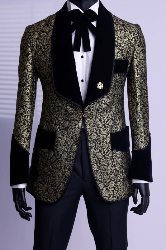 Cliff Stylish Gold Rose Jacquard Wedding Suit With Velvet Lapel