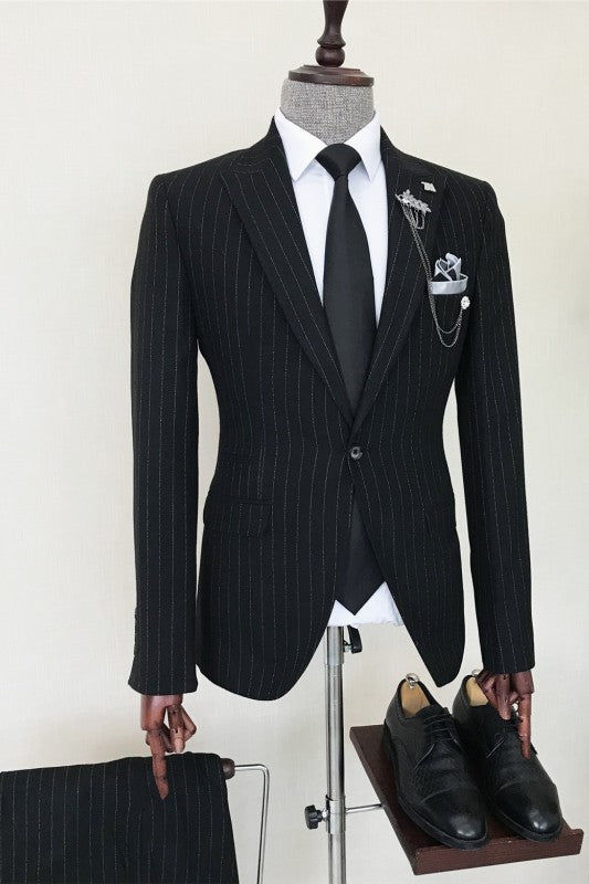 Clifford Bespoke Black Striped Peaked Lapel Men's Business Suit