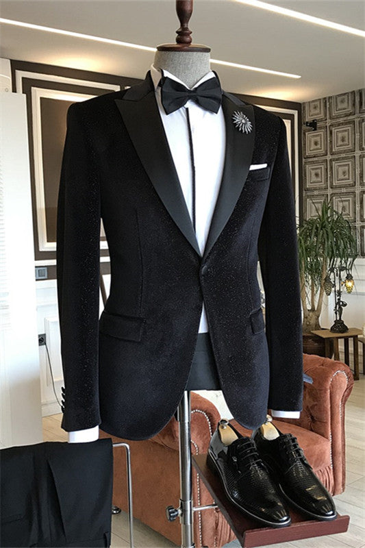 Clifford Elegant Black Peaked Lapel Two-Piece Velvet Prom Suit