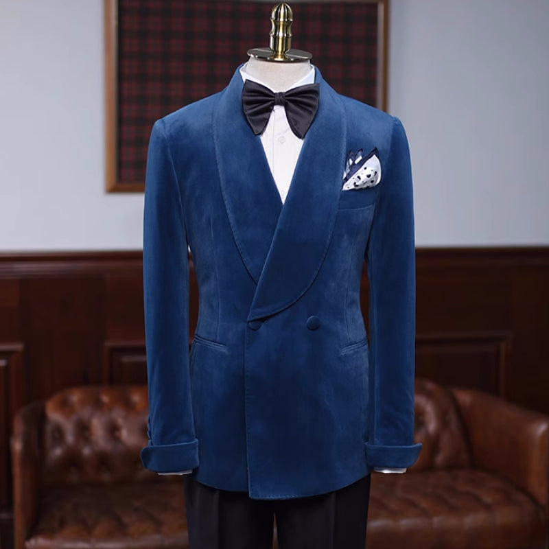 Clyde Elegant Navy Blue Shawl Collar Double Breasted Velvet Groom's Suit