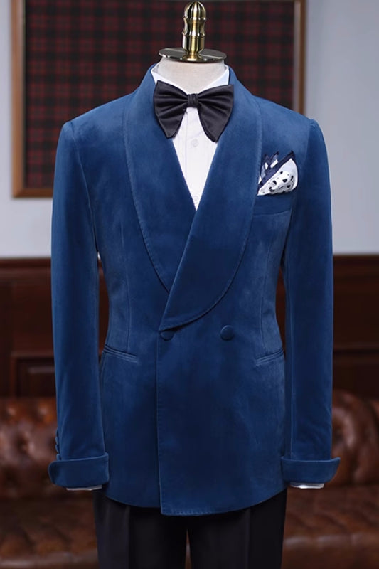 Clyde Elegant Navy Blue Shawl Collar Double Breasted Velvet Groom's Suit