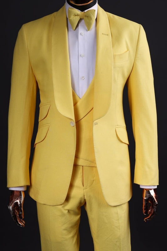 Clyde Elegant Pale Yellow Shawl Collar Three-Piece Groom's Wedding Ensemble