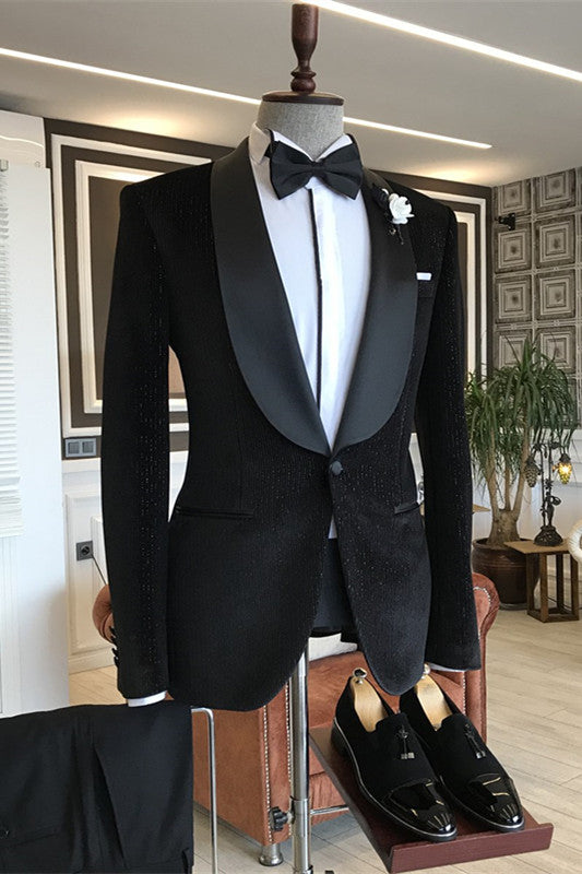 Clyde Minimalist Black Corduroy Shawl Collar Two-Piece Wedding Suit