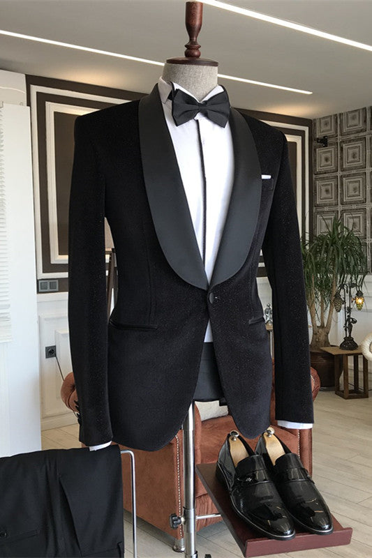 Colbert Custom Black Velvet Shawl Collar Two-Piece Groom's Suit For Wedding