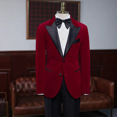 Colin Fashion Burgundy Peaked Lapel Velvet Men's Prom Suit