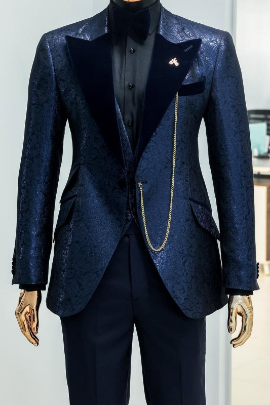 Colin Navy Blue Peaked Lapel Jacquard Three-Piece Prom Suit New Collection