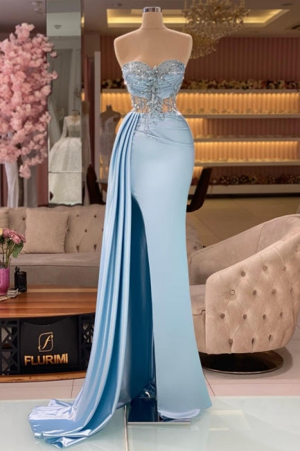 Column Split Front Floor-Length Sweetheart Strapless Sleeveless Sky Blue Ruffle Stain Prom Dresses with Beadings