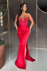 Column Sweetheart Floor-Length Split Front Stain Sleeveless Prom Dresses with Beadings