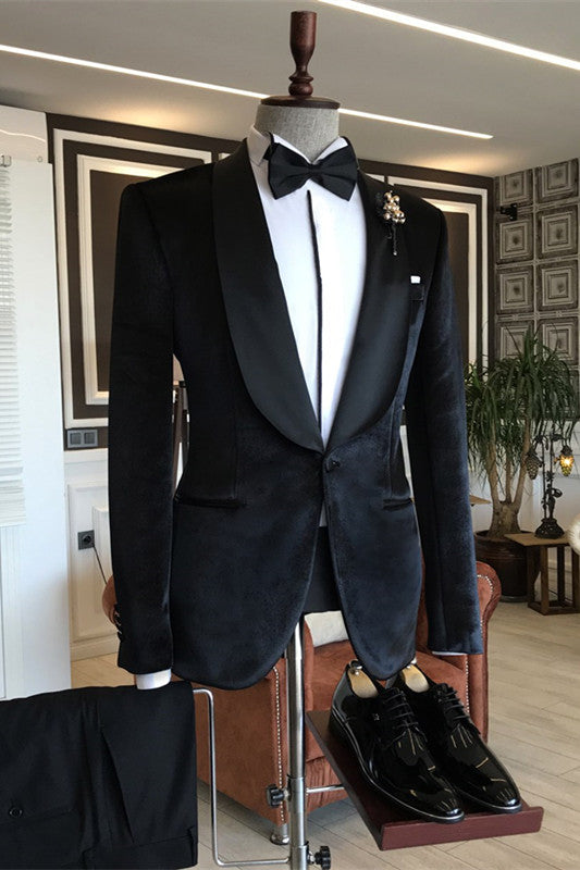 Conrad Black Close-Fitting Shawl Collar Two-Piece Velvet Groom's Suit For Wedding