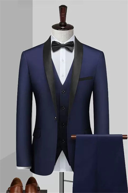 Conrad Chic Navy Three-Piece Shawl Collar Wedding Ensemble for Gentlemen