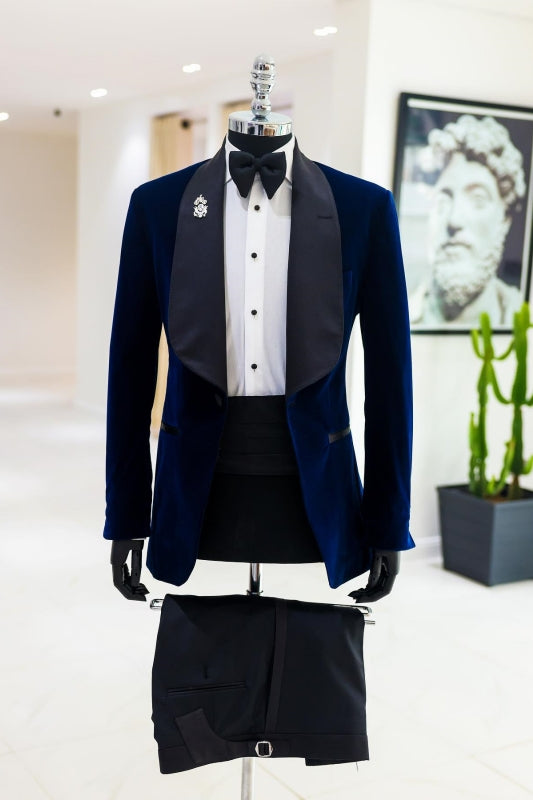 Conrad Stylish Navy Blue Shawl Lapel Two-Piece Velvet Suit