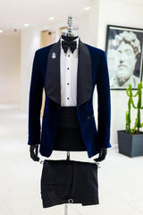 Conrad Stylish Navy Blue Shawl Lapel Two-Piece Velvet Suit