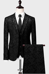 Contemporary Black Jacquard Three-Piece Notched Prom Ensemble For Men