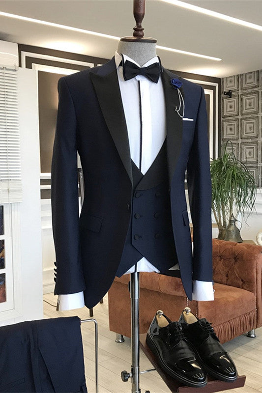 Corey Slim Navy Blue Three-Piece Peaked Lapel Business Suit