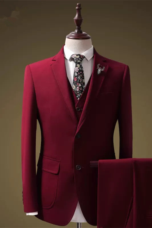 Cornelius Chic Crimson Three Piece Notched Lapel Prom Attire For Men