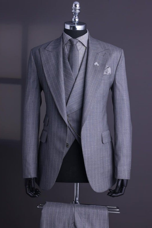 Cornell Chic Gray Striped Peaked Lapel Three-Piece Business Suit