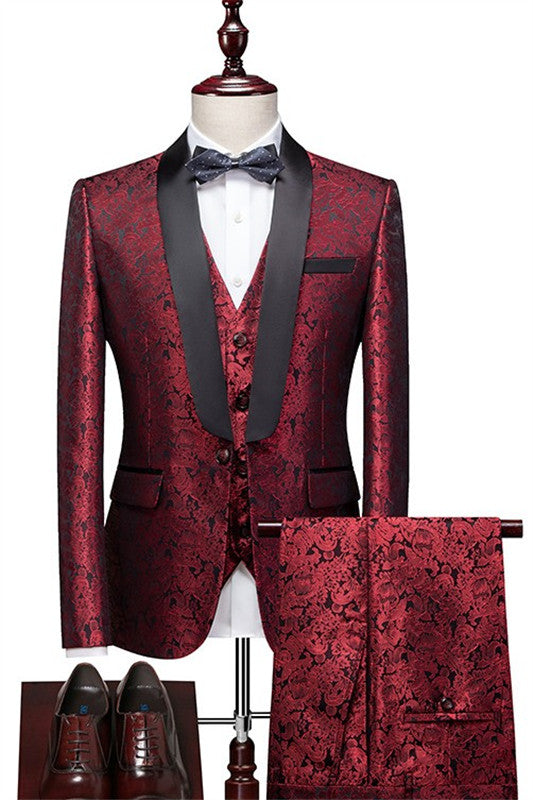 Crimson Red Jacquard Three-Piece Shawl Collar Wedding Suit