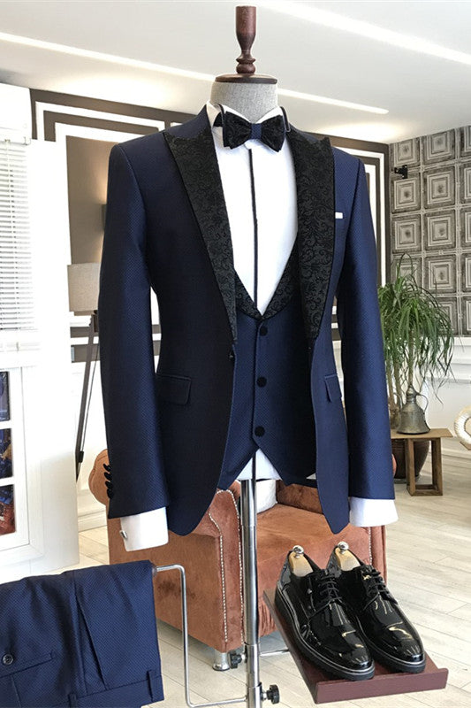 Curitis Fancy Navy Blue Three-Piece Prom Suit With Black Jacquard Peaked Lapel