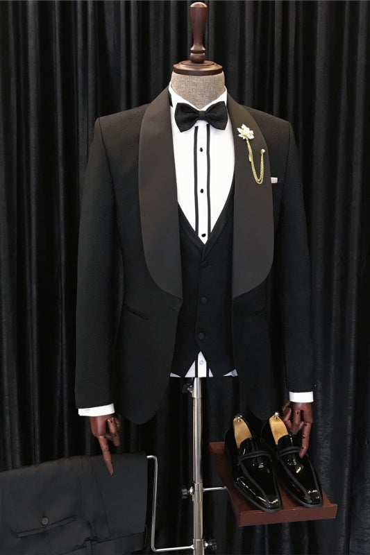 Curtis Bespoke Black Three-Piece Shawl Collar Groom's Wedding Attire