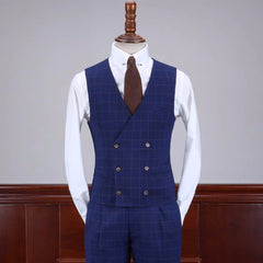 Curtis Stylish Midnight Blue Checkered Notch Lapel Three-Piece Business Suit