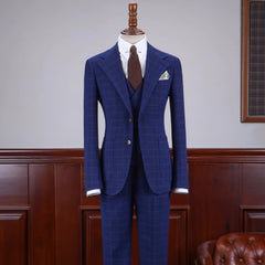 Curtis Stylish Midnight Blue Checkered Notch Lapel Three-Piece Business Suit