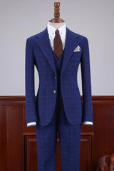 Curtis Stylish Midnight Blue Checkered Notch Lapel Three-Piece Business Suit