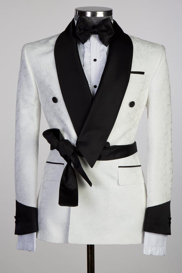 Cuthbert Elegant White Double-Breasted Shawl Lapel Jacquard Wedding Men’s Suit