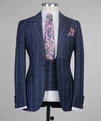 Cuthbert Fashionable Navy Plaid Slim Fit Tailored Business Men’s Suit